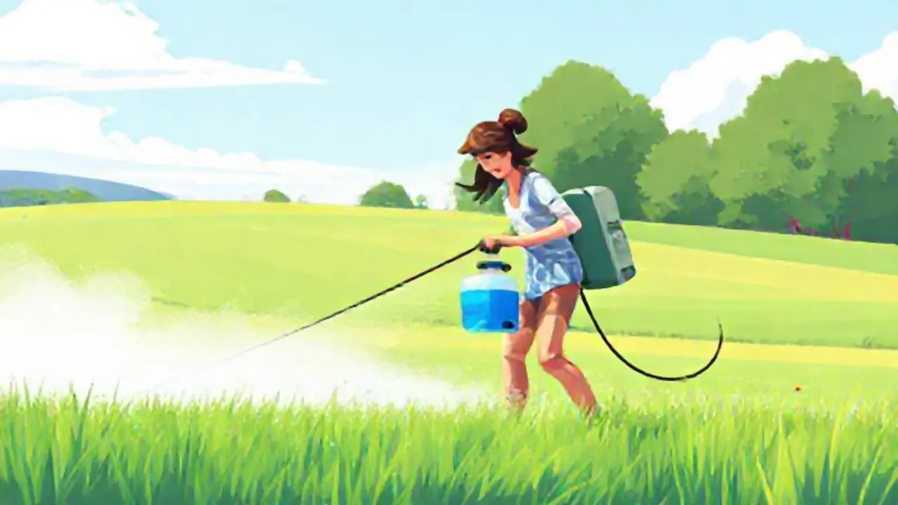 Mujer rocía el campo con líquido azul