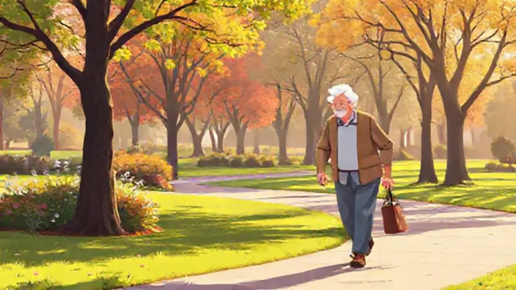 Ancianos pasean en un parque soleado