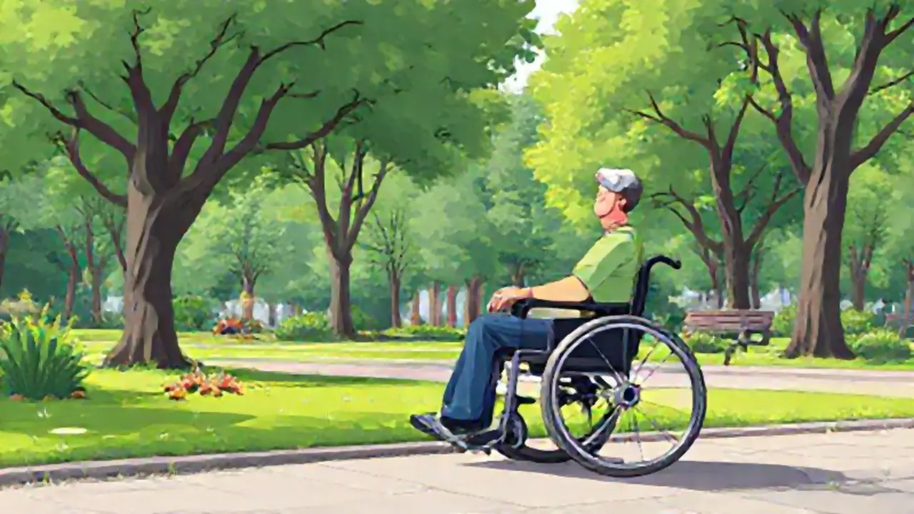 Hombre en silla de ruedas junto al parque