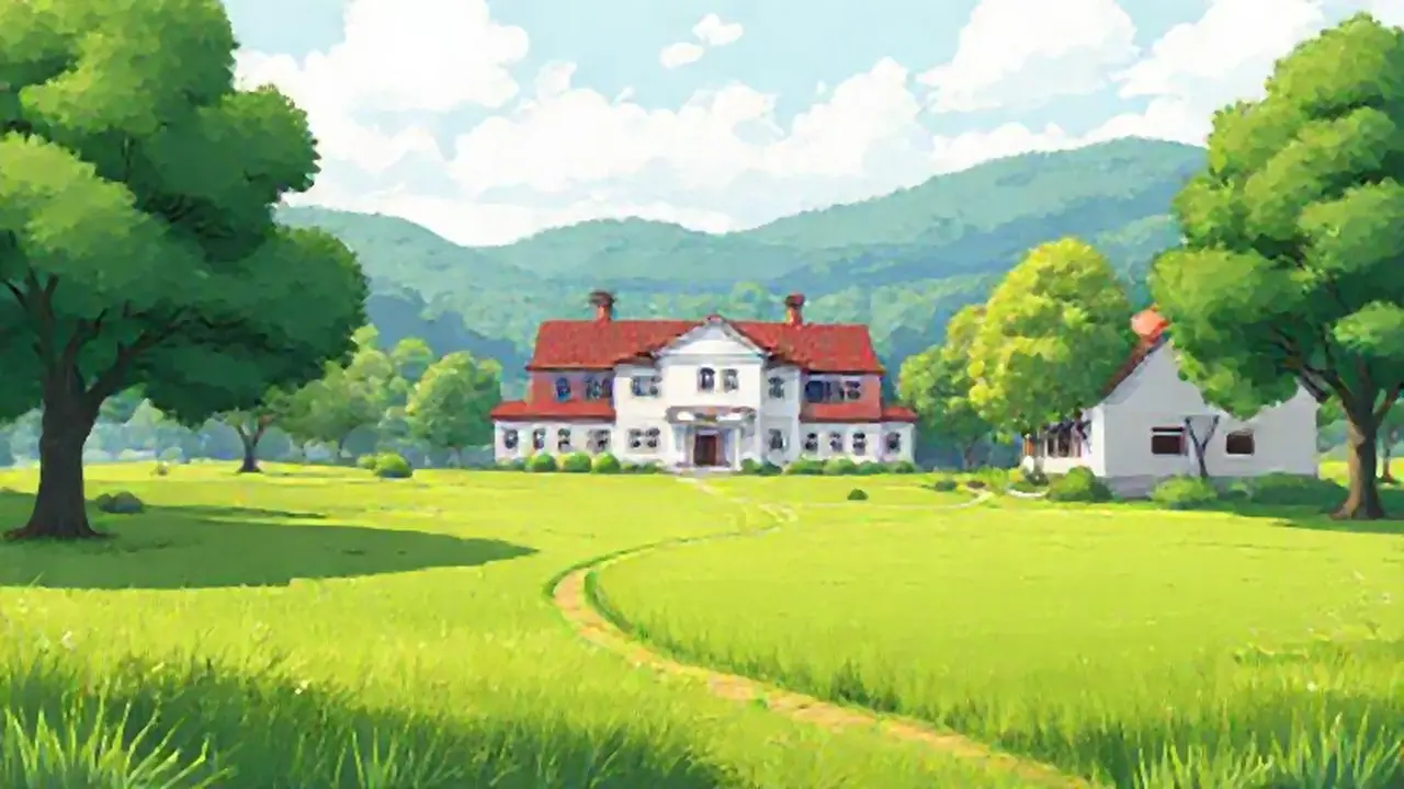 Campo verde con escuela sencilla