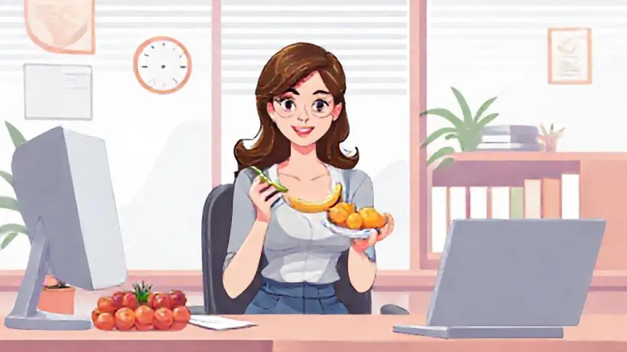 Mujer come fruta en la oficina