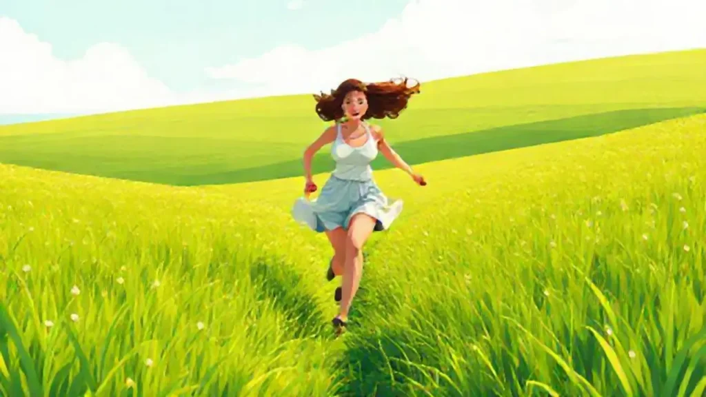 Mujer corre por un campo verde