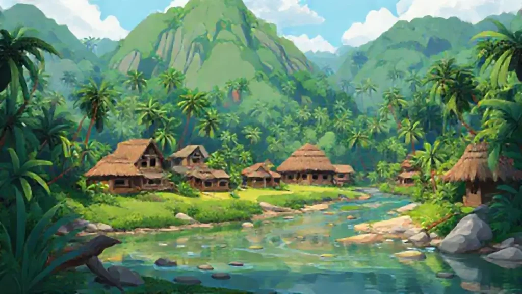Pueblo lejano en río de selva