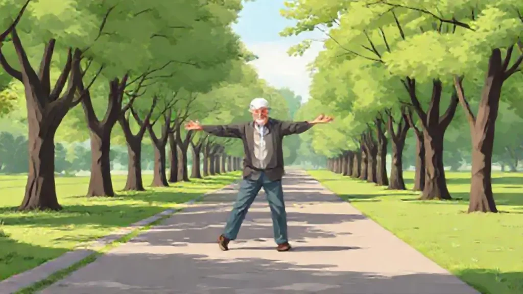 Un anciano camina lentamente por un sendero verde