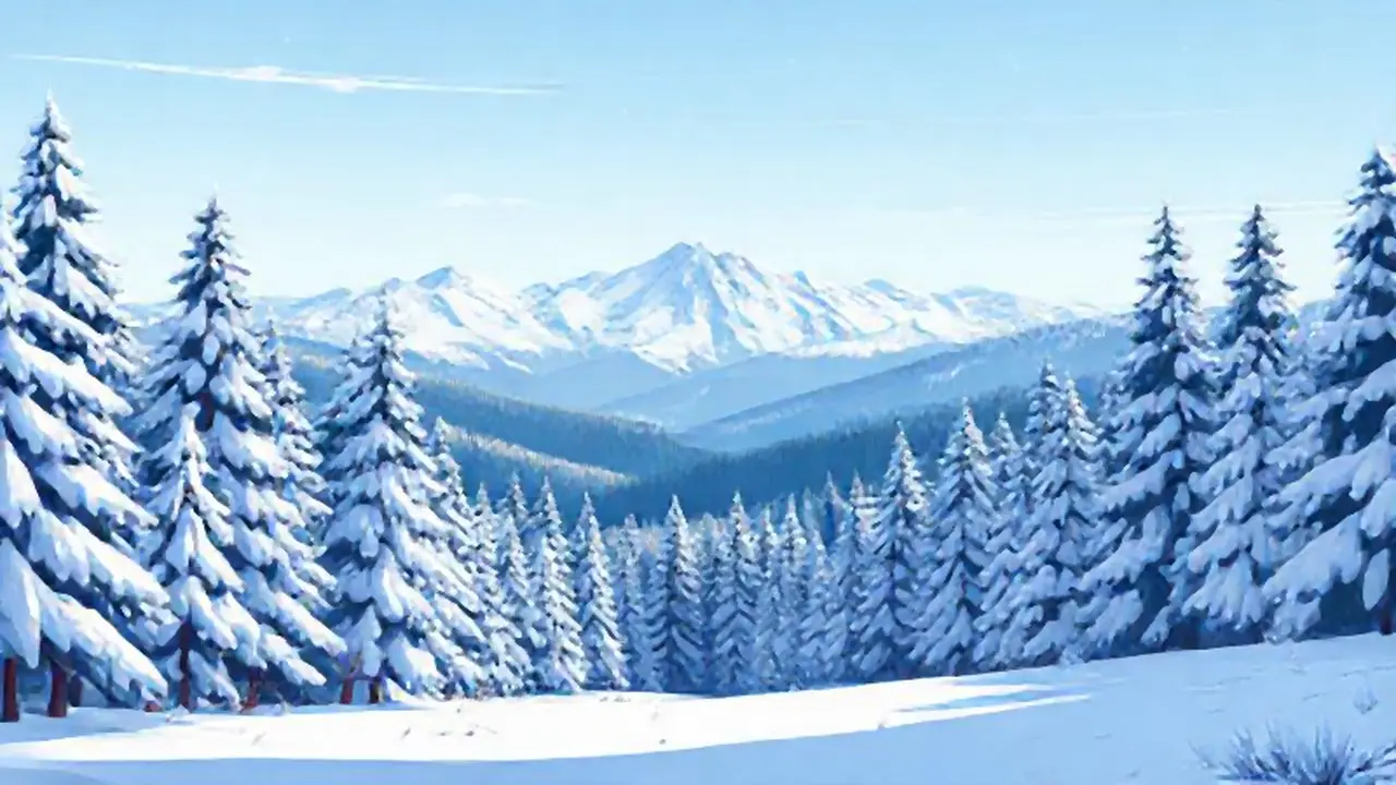 Bosque nevado y montañas lejanas