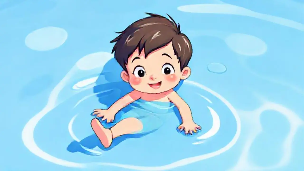 Niño flota en piscina azul
