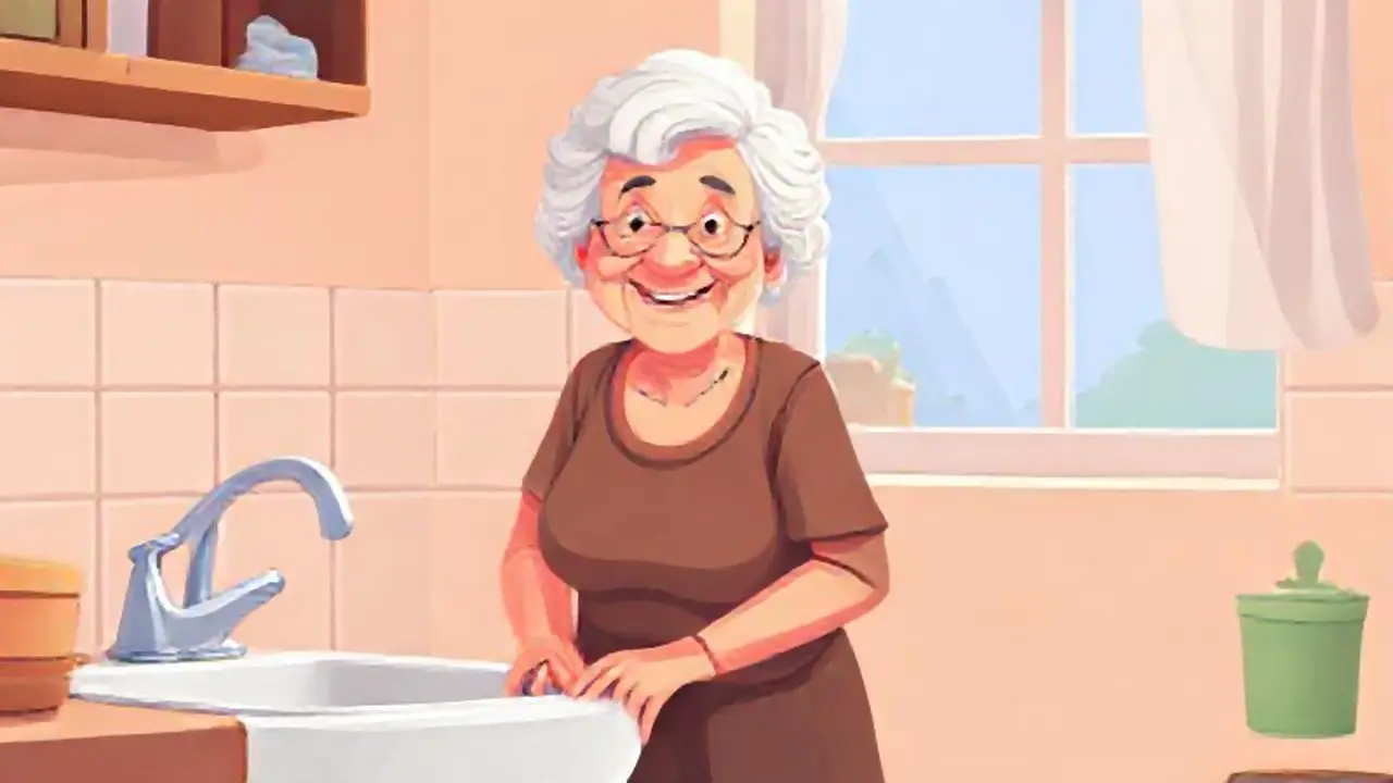 Mujer mayor sonriente junto al lavabo
