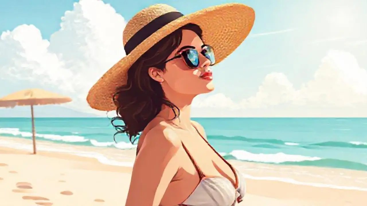 Mujer en la playa, sombrero al sol