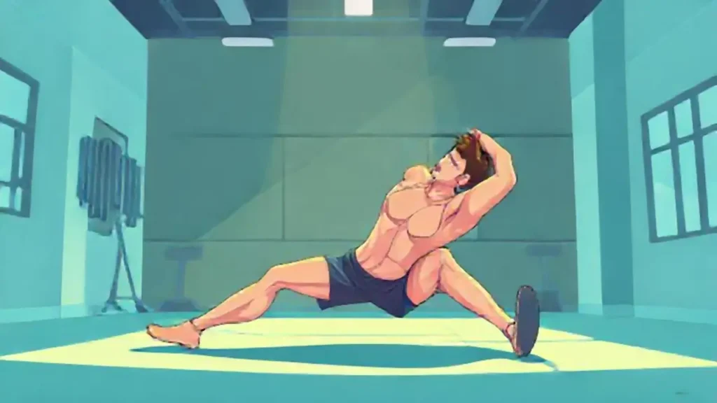 Hombre estirándose en gimnasio iluminado
