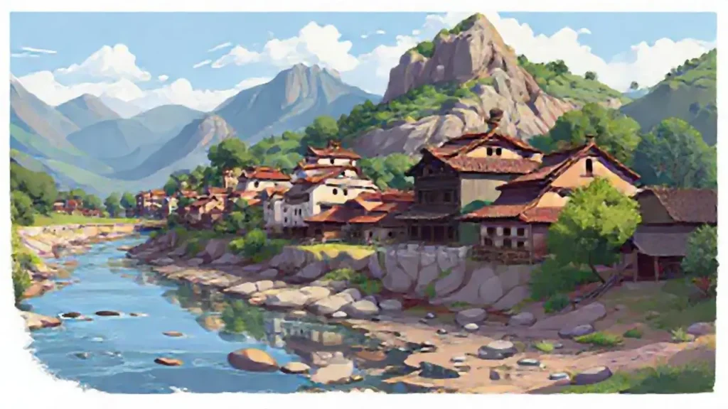 Pueblo antiguo a orillas del río