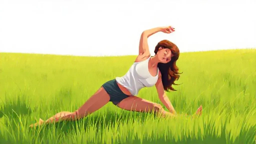 Mujer estira en el campo