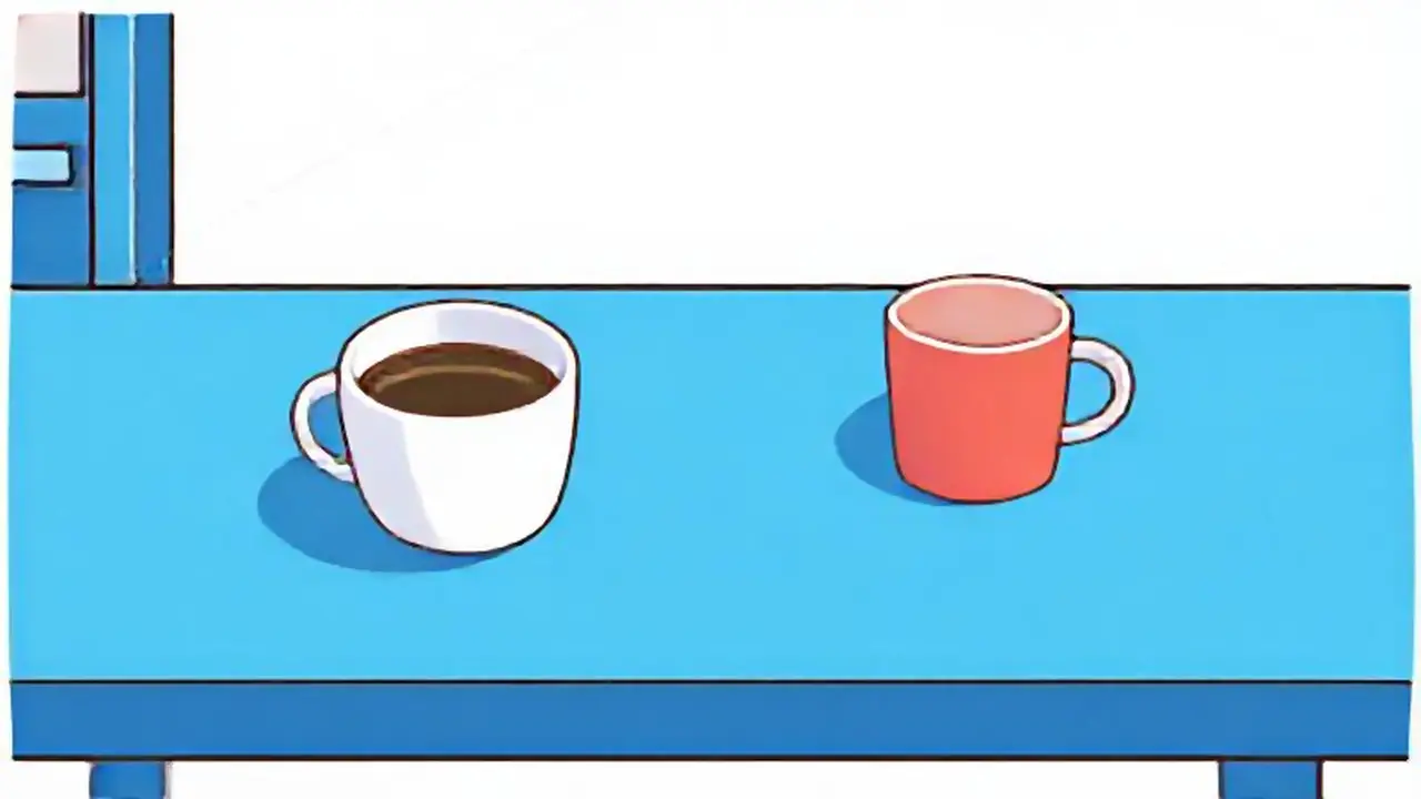 Escritorio azul, taza vacía