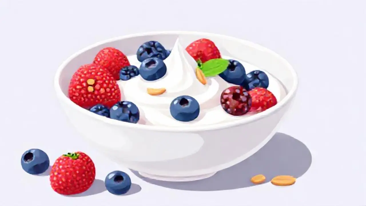 Yogur con bayas y nueces en un cuenco blanco