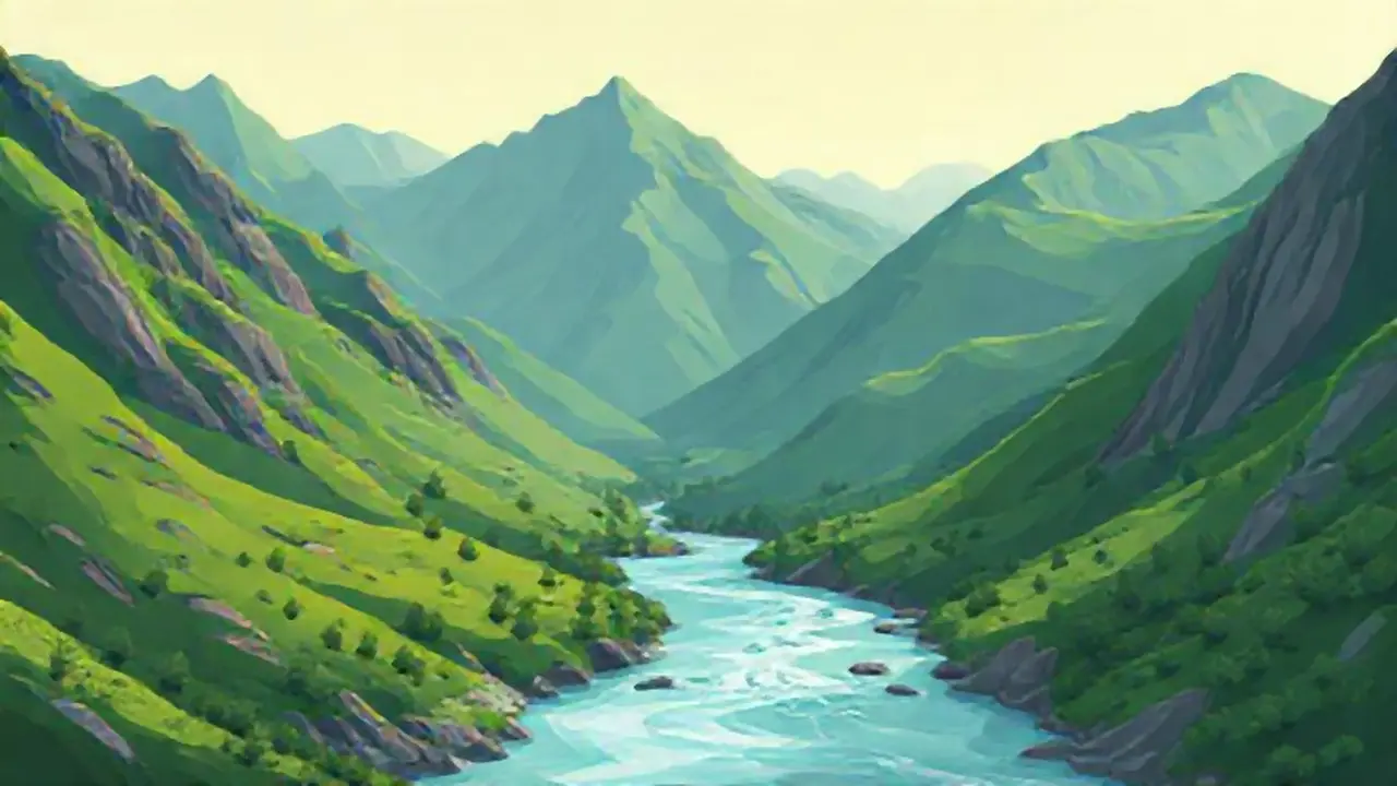 Montañas verdes, río que fluye