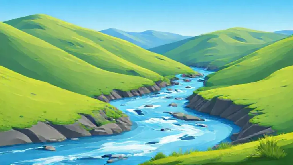Río azul en verdes colinas