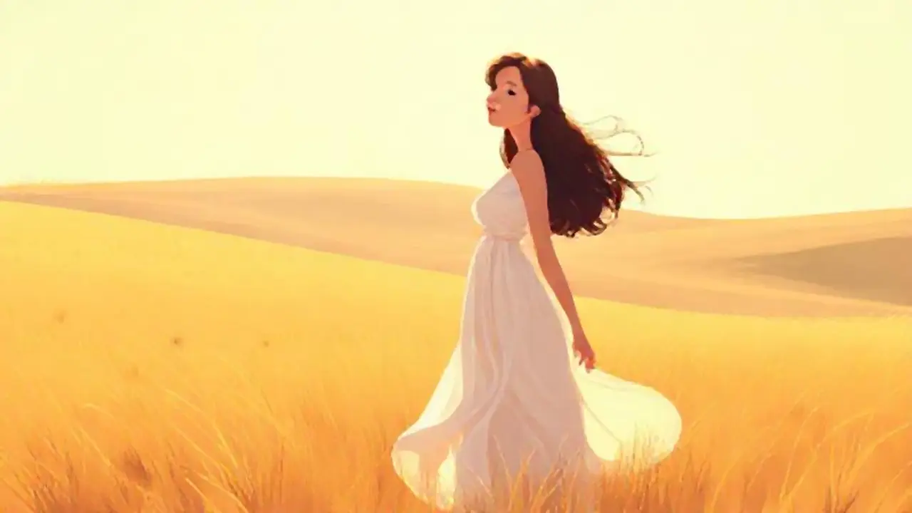 Mujer en vestido claro, campo abierto