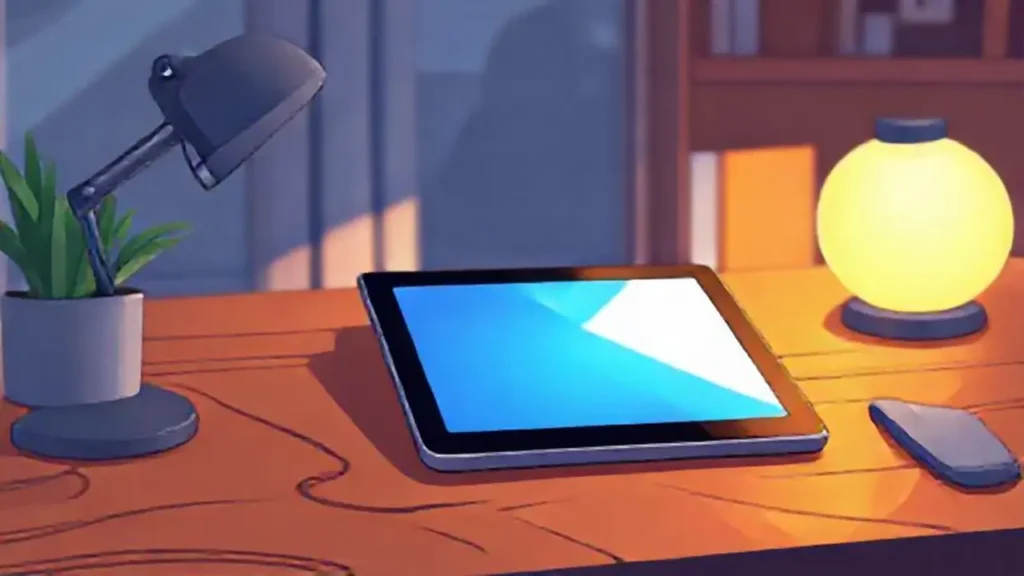 Tableta luminosa sobre escritorio de madera