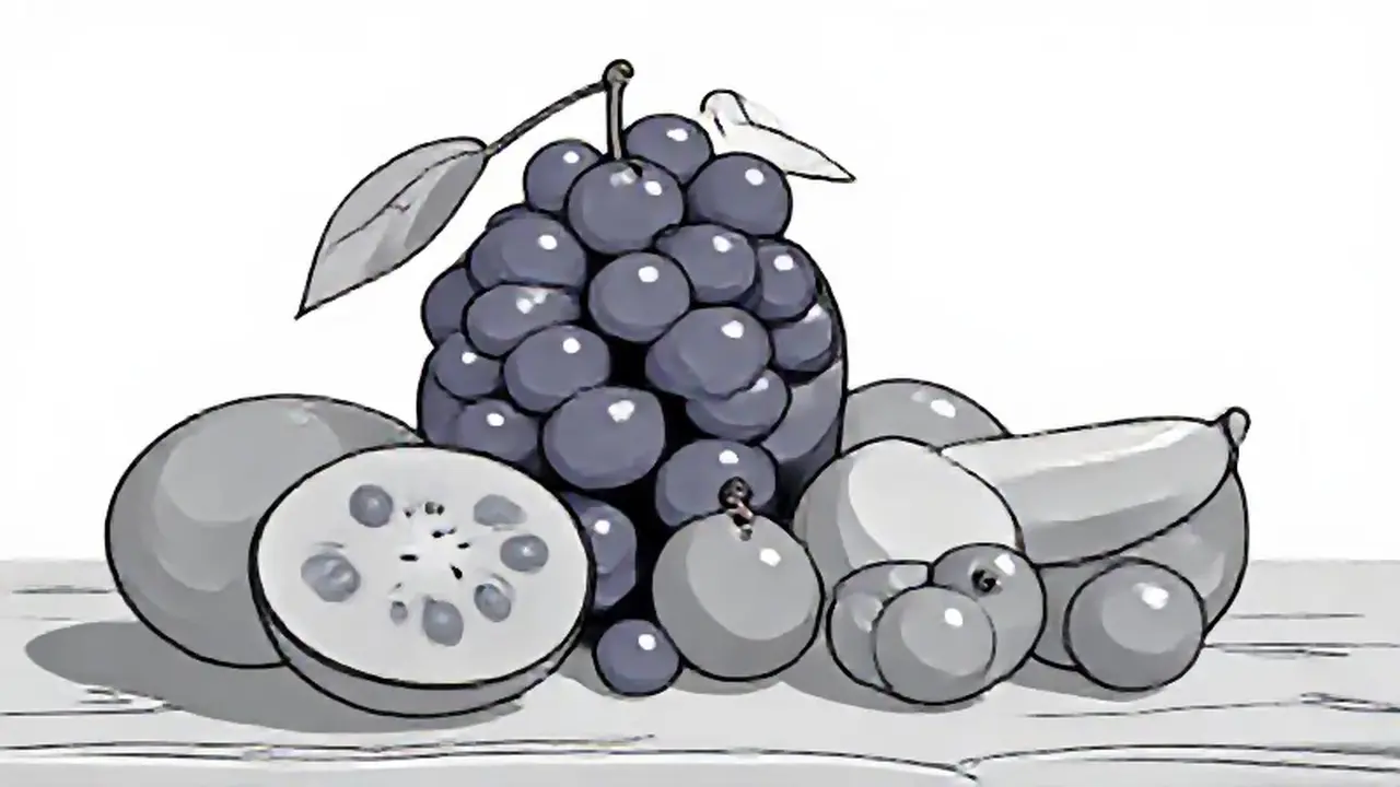 Fruta en tonos grises sobre la mesa