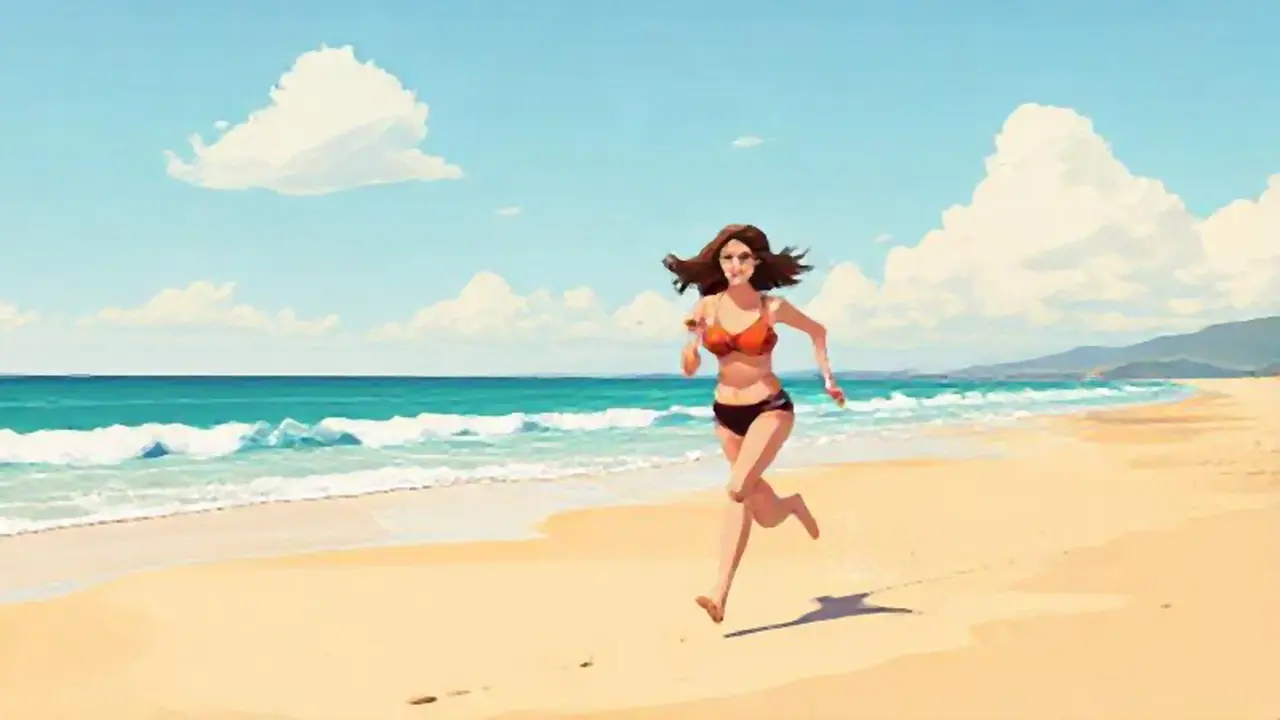 Corren hombre y mujer en la playa