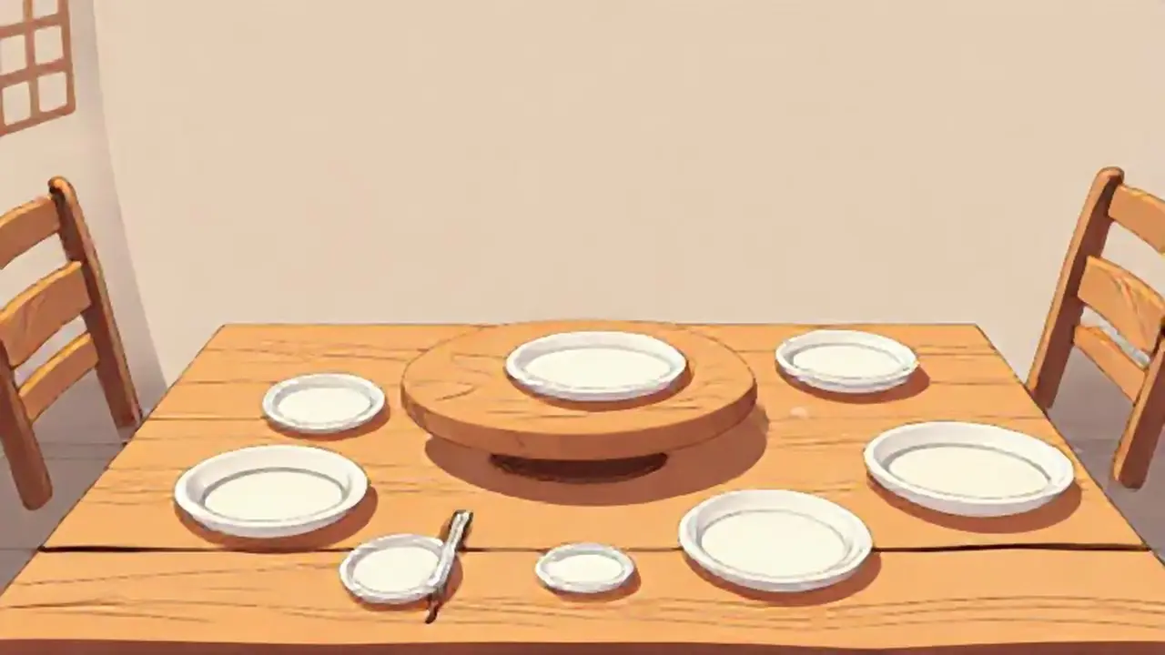 Mesa de madera, platos dispersos