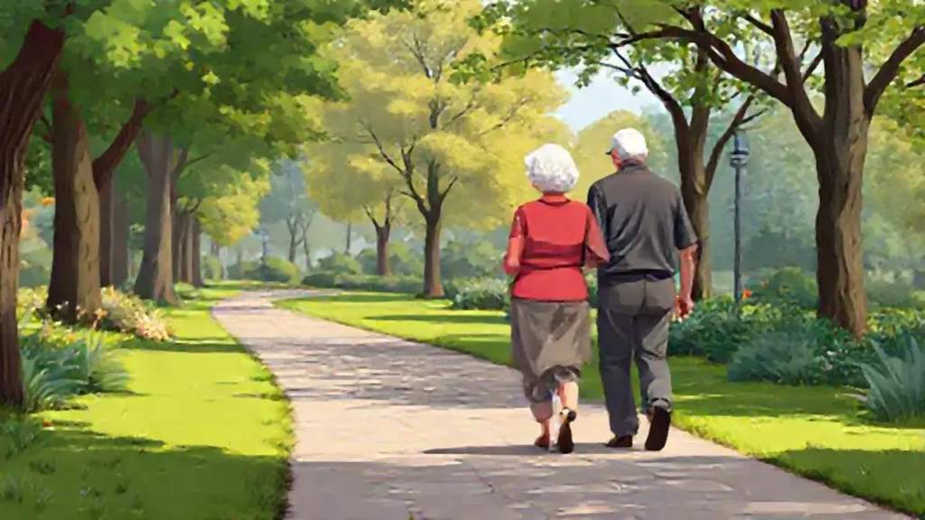 Una pareja anciana camina por el parque