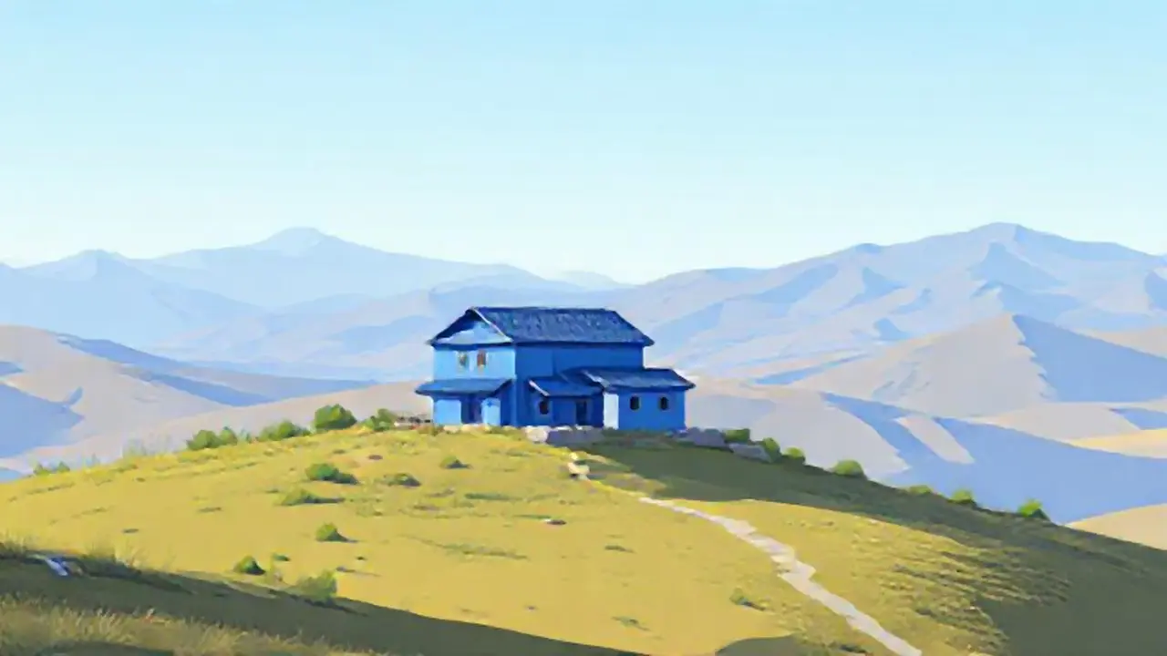 Edificio azul en la distancia