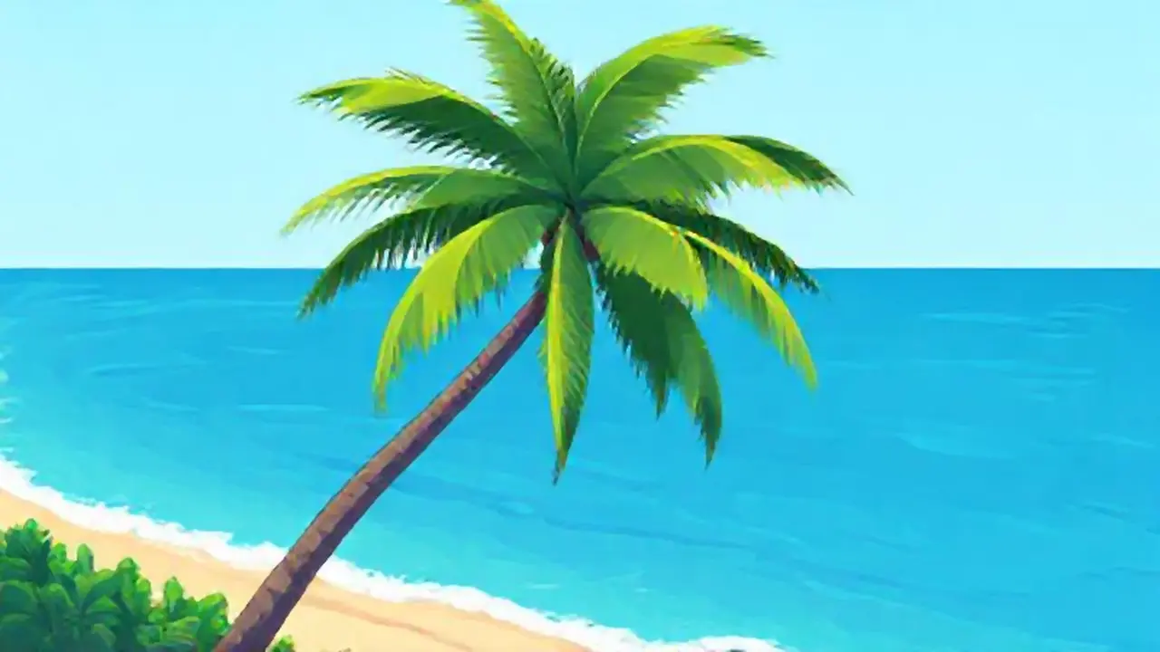 Palmera alta, inclinada, junto al mar azul