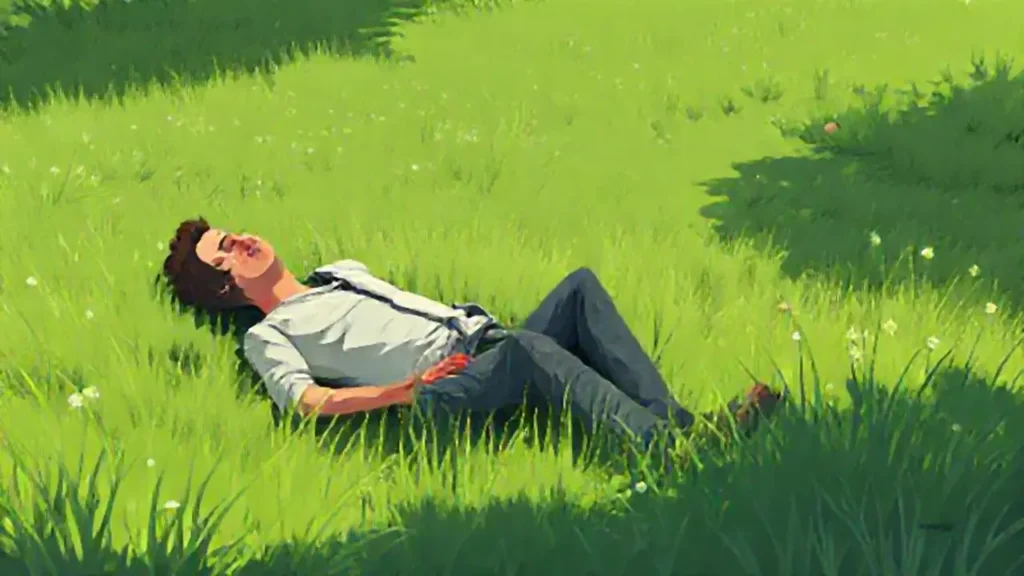 Hombre descansando en pradera verde