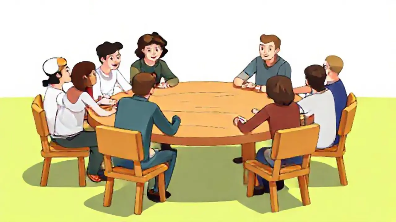 Personas alrededor de una mesa de madera