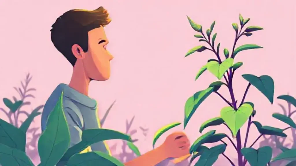 Hombre observa planta