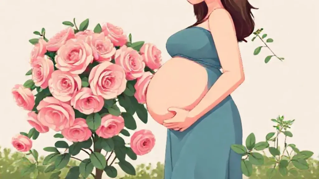 Mujer embarazada junto a una rosa