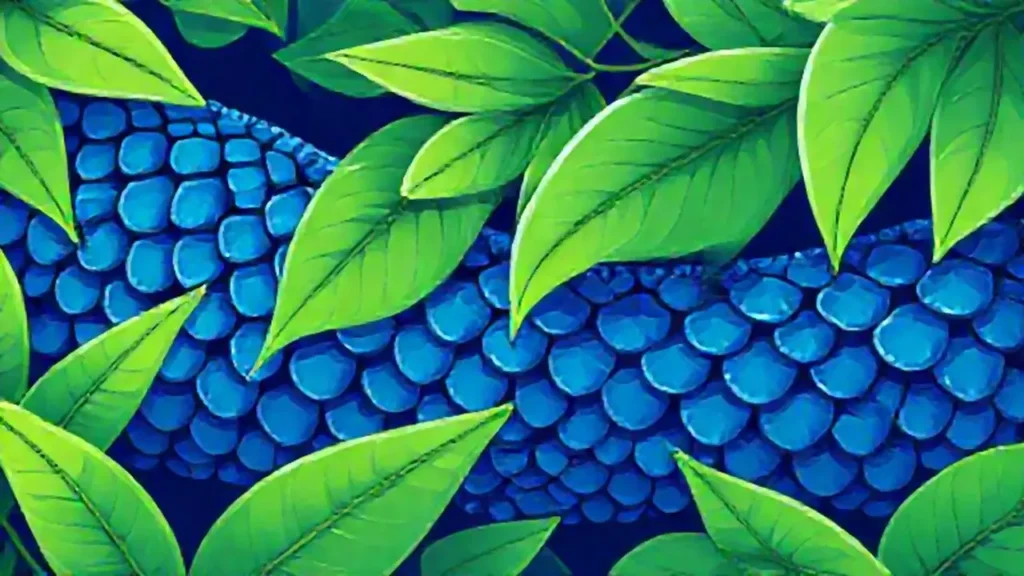 Escamas azules se funden con hojas verdes