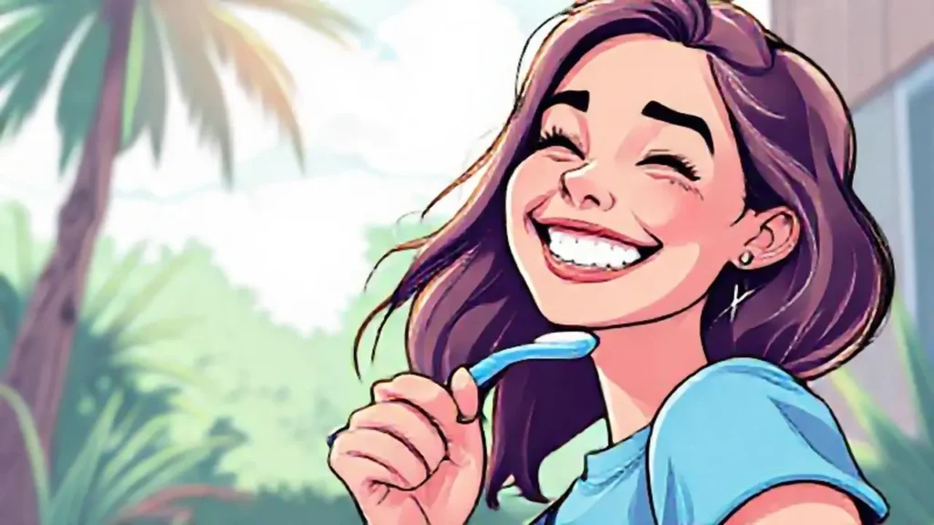 Mujer sonriente cepillándose los dientes al aire libre