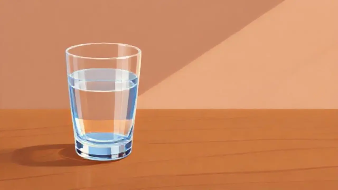 Un vaso de agua vacío junto a una mesa marrón