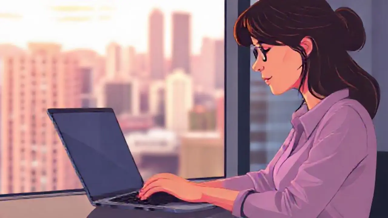 Mujer frente a la computadora, vista urbana difusa