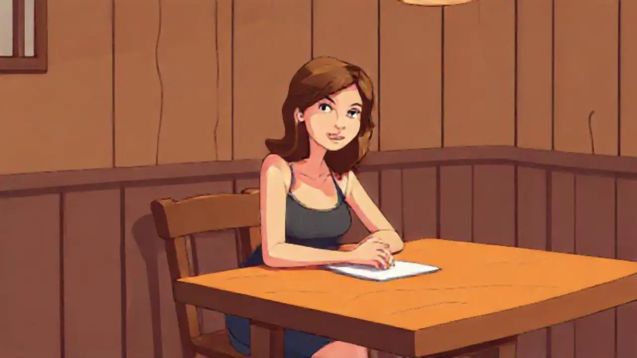 Mujer sentada a una mesa de madera