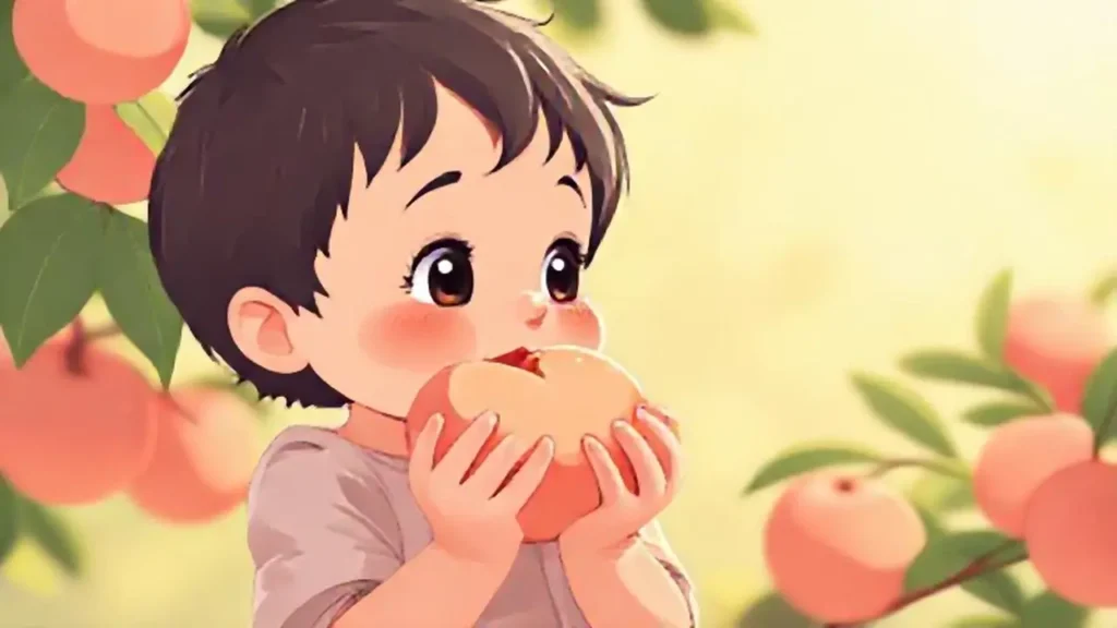 Niño con una fruta pálida melocotón