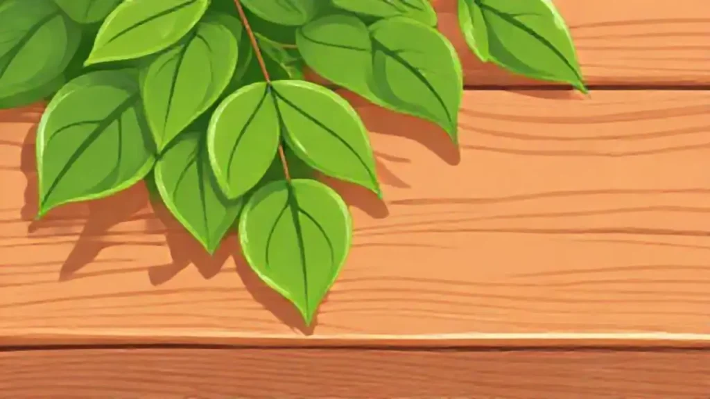 Hojas verdes junto a una mesa de madera