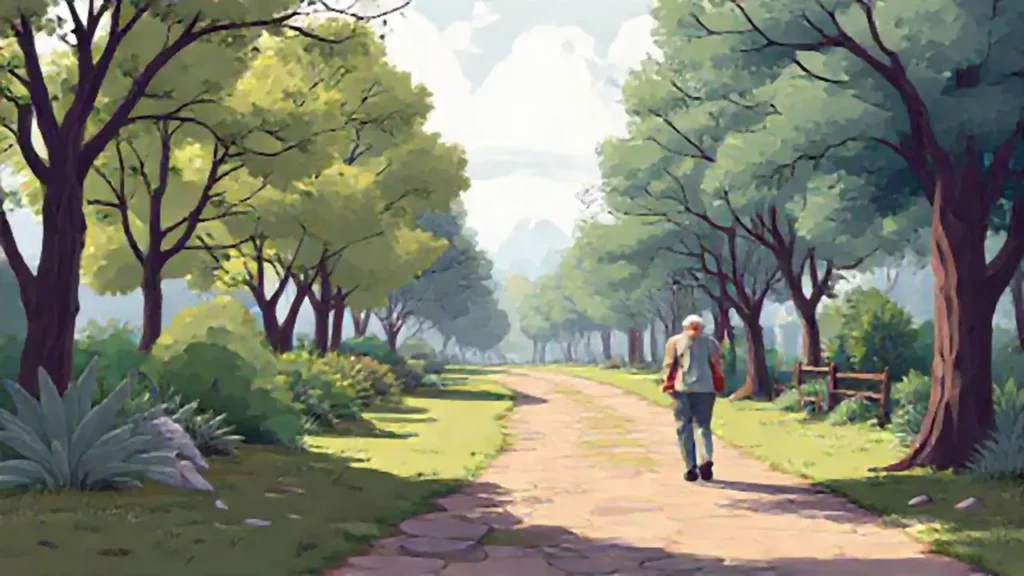 Un anciano camina por el sendero