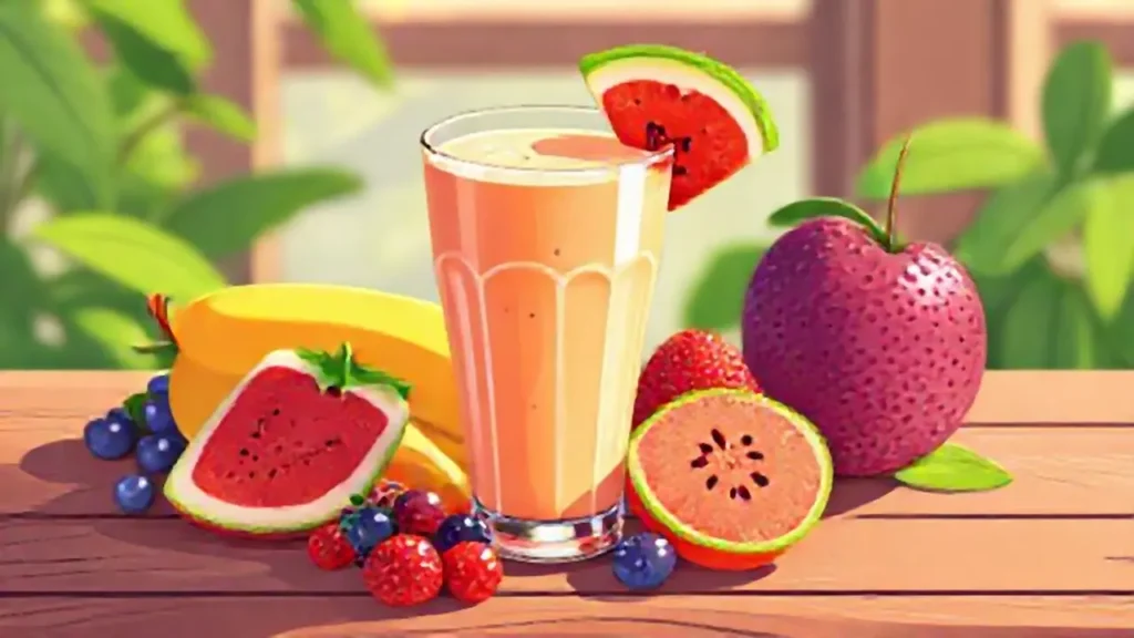 Batido de frutas brillante sobre madera
