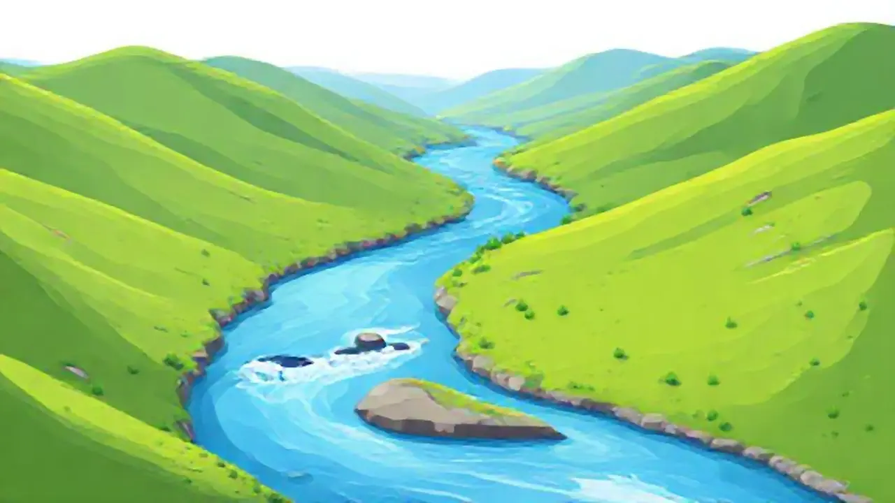 Río azul entre verdes colinas
