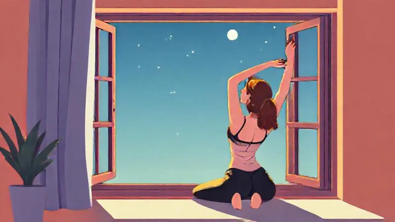 Mujer estirándose junto a la ventana