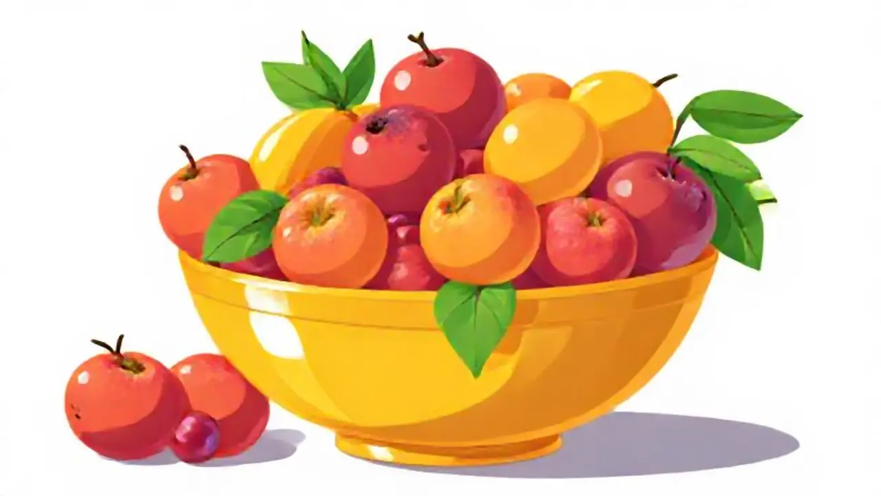 Un cuenco dorado rebosa fruta