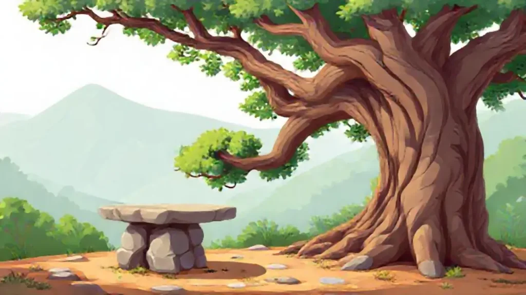 Árbol antiguo junto a mesa de piedra