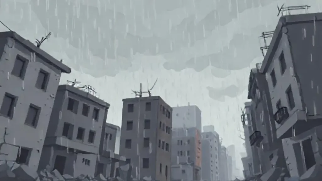 Lluvia gris sobre ruinas