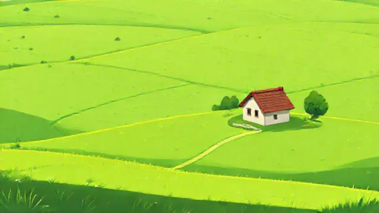 Campo verde con casa pequeña