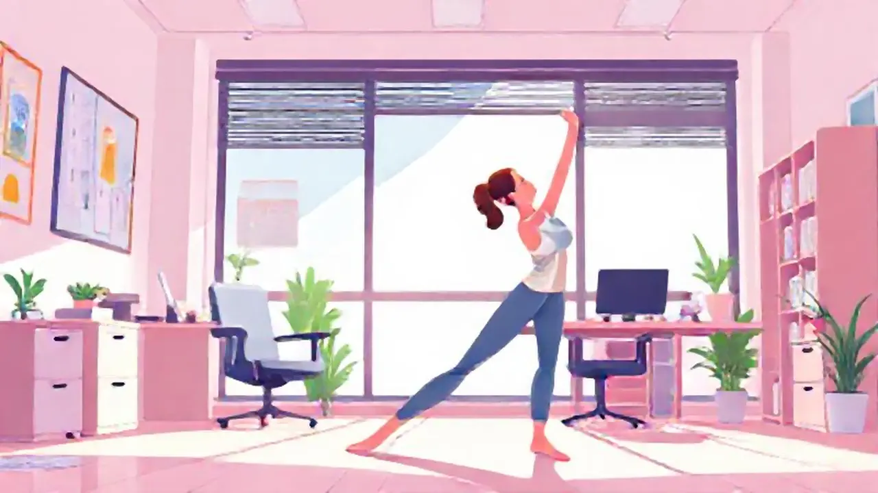 Mujer estirándose en oficina luminosa