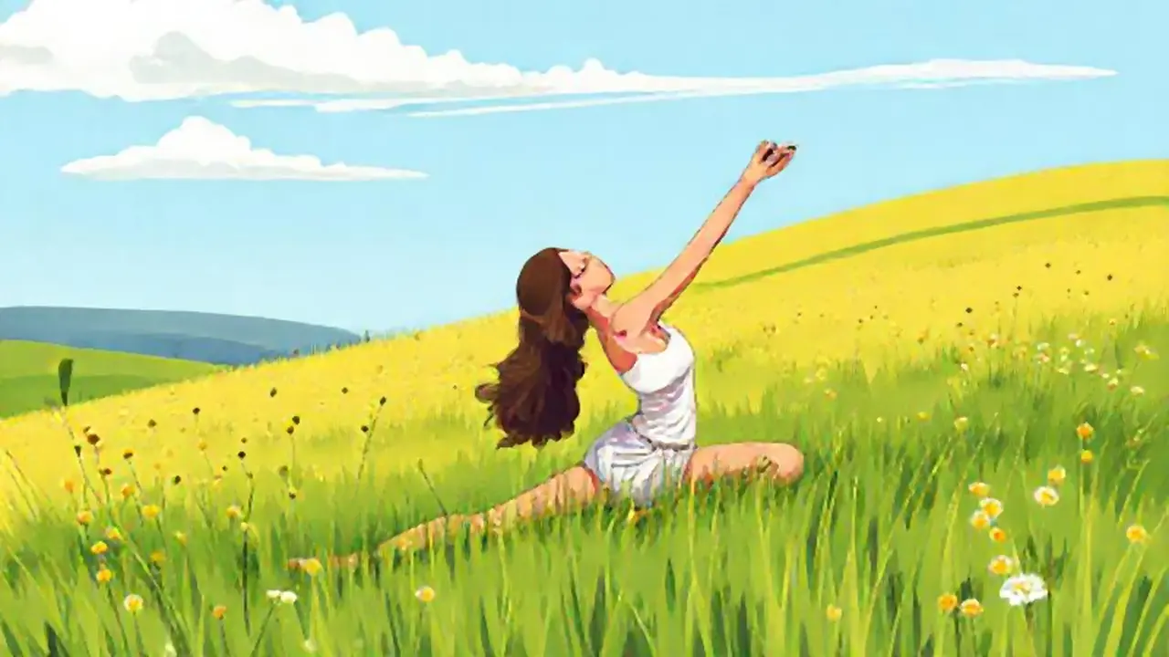 Mujer estirándose en un prado