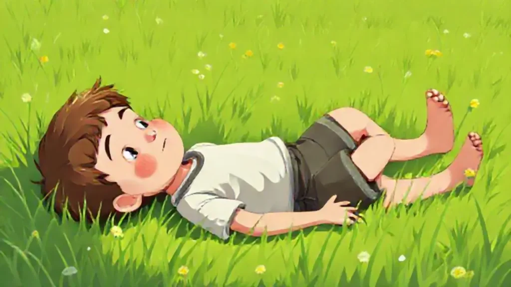 Un niño yace en un prado verde
