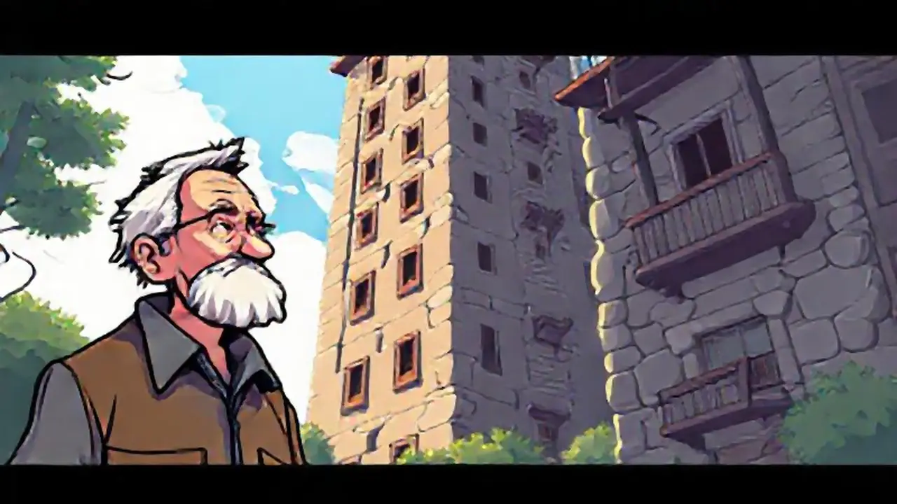 Hombre anciano junto a un edificio alto